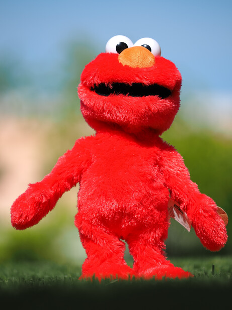 Red plush puppet character with large white eyes and orange nose against blurred outdoor background.