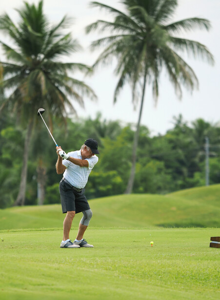 Golfer mid-swing on a lush fairway with tropical palm trees in the background.