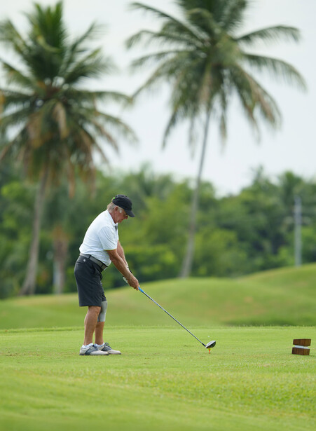 Golfer mid-swing on a lush green course with tropical palm trees and overcast sky in background.