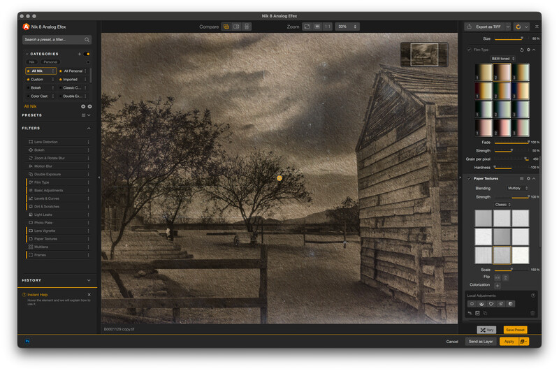 Screenshot of photo editing software displaying a sepia-toned landscape image with barn and trees.
