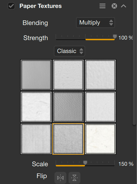 Screenshot of Paper Textures panel showing blending options, strength slider, and texture preview grid.