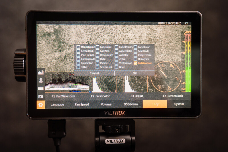 Screenshot of Viltrox monitor displaying waveform, histogram, and video metadata tools for on-set monitoring.