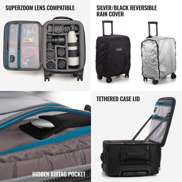 Photography gear travel case with modular compartments, rain cover, and mounting options displayed.