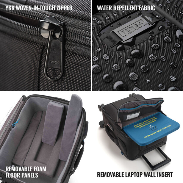 Four-panel graphic showing luggage features including YKK zipper, water-repellent fabric, removable foam panels, and laptop compartment.