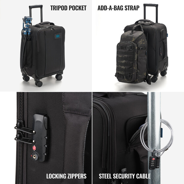 Graphic showing four security features of travel luggage: tripod pocket, add-a-bag strap, locking zippers, and steel security cable.