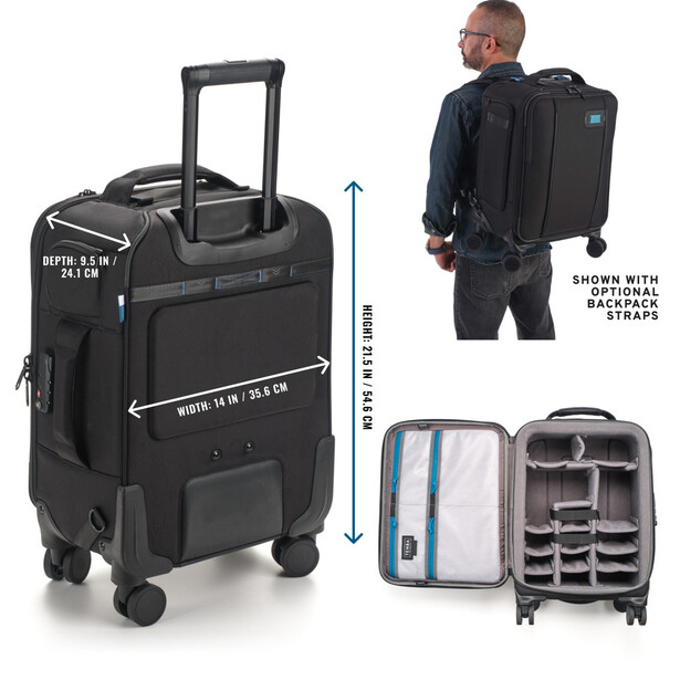 Photography equipment travel case with wheels, backpack, and interior organization compartments.