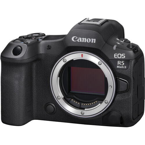 Canon EOS R5 Mark II mirrorless camera body with exposed sensor mount against white background.