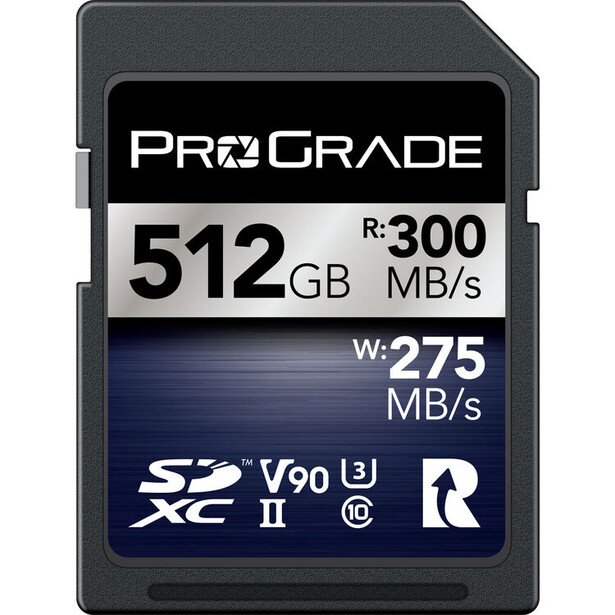 ProGrade Digital 512GB SD UHS-II memory card with R:300 MB/s and W:275 MB/s speeds.