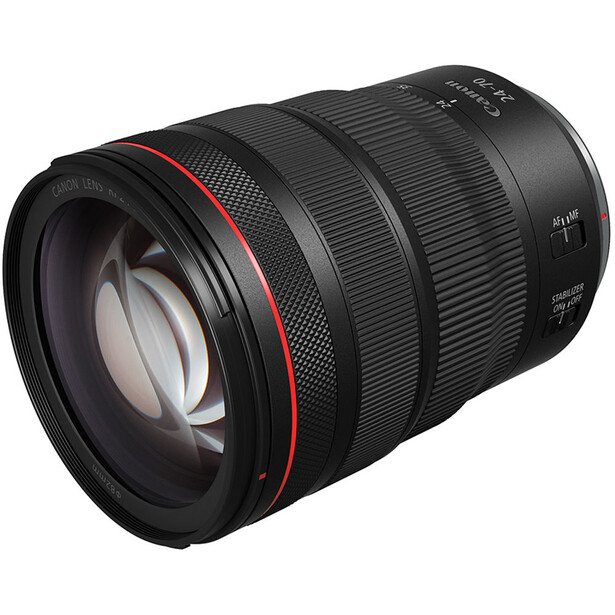 Black telephoto zoom lens with red accent ring and ribbed focus ring, displayed against white background.