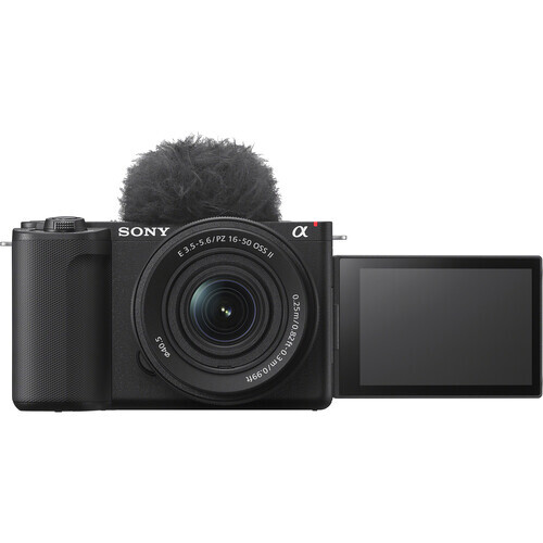 Sony ZV-E1 mirrorless camera with attached microphone and articulating LCD screen extended.
