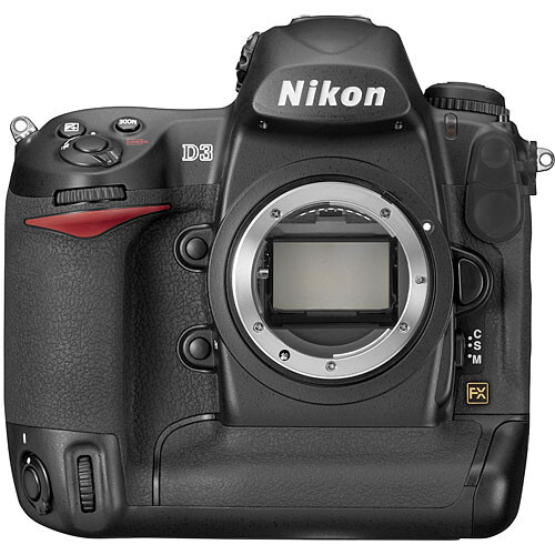 Nikon D3 DSLR camera body front view with mirror open, showing sensor and mount.