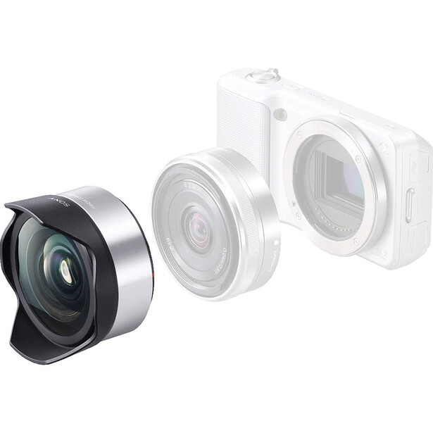 Illustration of an interchangeable lens attachment mounted on a compact camera body with two additional lens elements displayed.