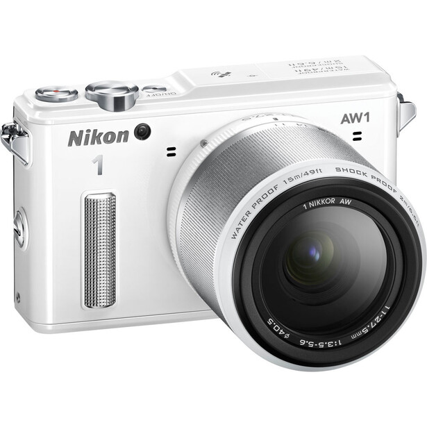 Nikon AW1 compact camera in white with attached zoom lens, photographed against white background.