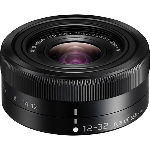 Panasonic Lumix 12-32mm f/3.5-5.6 compact zoom lens with focus ring and aperture markings visible.