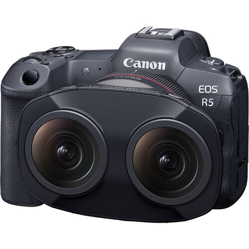 Canon EOS R5 mirrorless camera with dual RF-mount lenses attached, front view against white background.