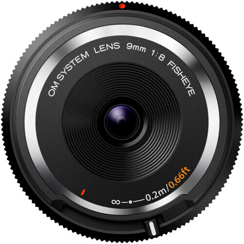 Olympus OM System 9mm f/8 fisheye lens, front view showing glass elements and focus ring.