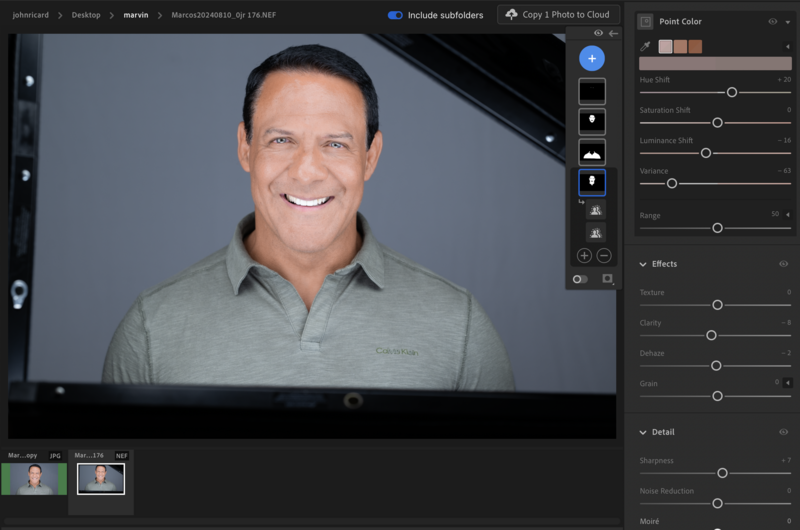 Screenshot of portrait retouching software showing a smiling man in a gray polo shirt against a neutral background.