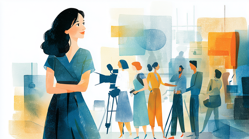 Illustration of a woman leading a diverse group of professionals in a modern office setting.