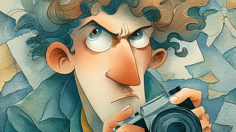 Illustration of a person with curly blue-green hair holding a camera, displaying a skeptical expression.