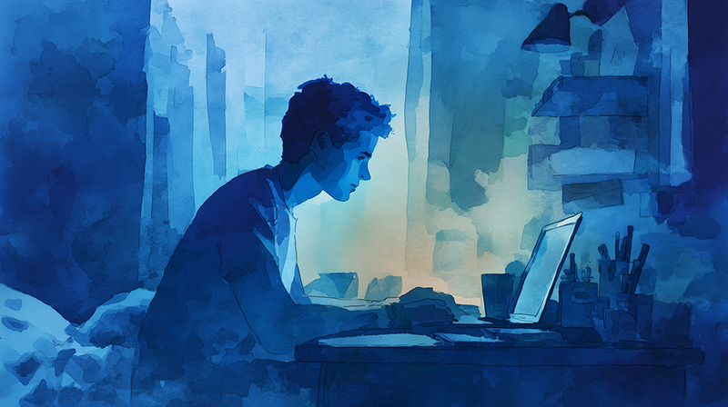 Illustration of a person working at a laptop desk overlooking a stylized cityscape rendered in blue tones.