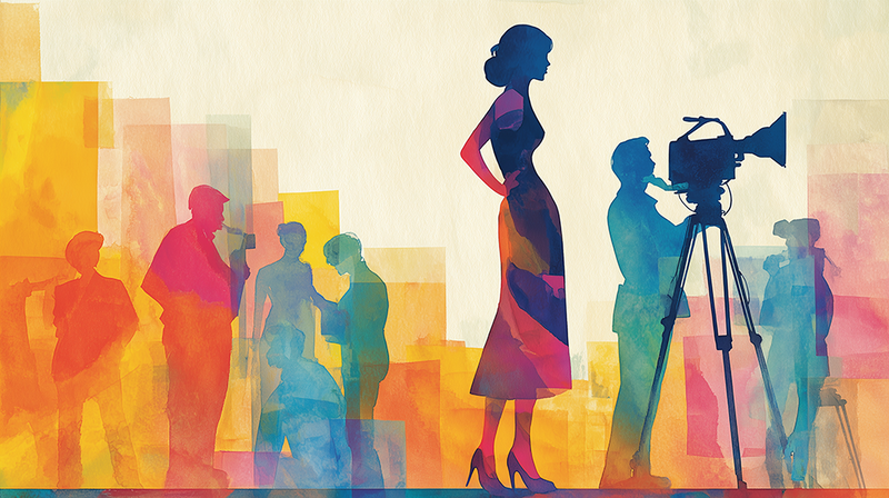 Illustration of silhouetted figures in colorful overlapping layers, featuring a woman standing prominently and a cinematographer with a camera on a tripod.