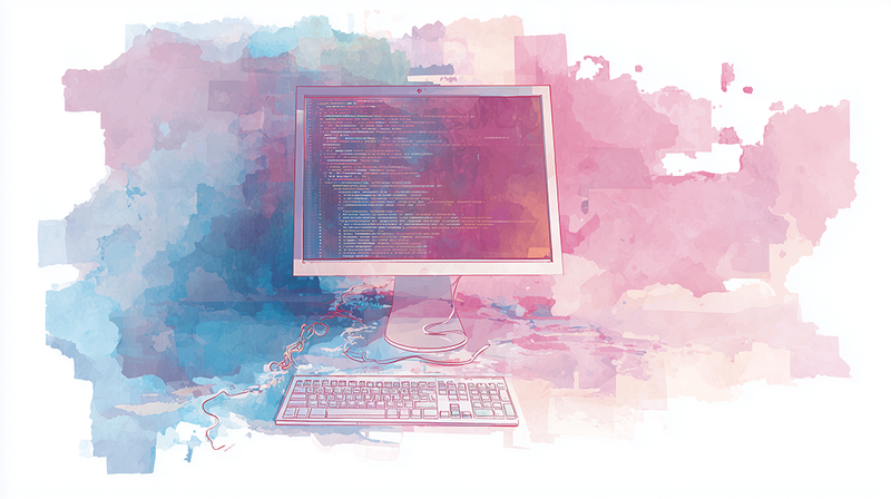 Illustration of a desktop computer with code on its monitor, rendered in a watercolor style with pink and blue gradients.