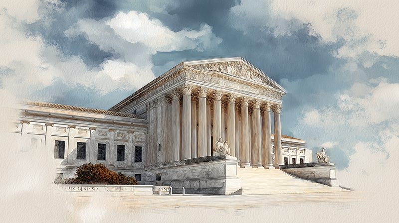Illustration of a neoclassical government building with white marble columns and a triangular pediment under cloudy sky.