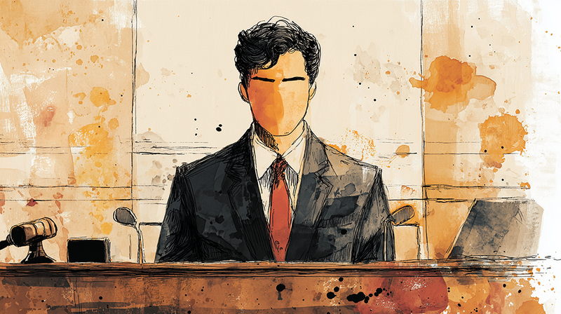 Illustration of a businessman seated at a desk with a microphone, rendered in watercolor style with orange and brown washes.