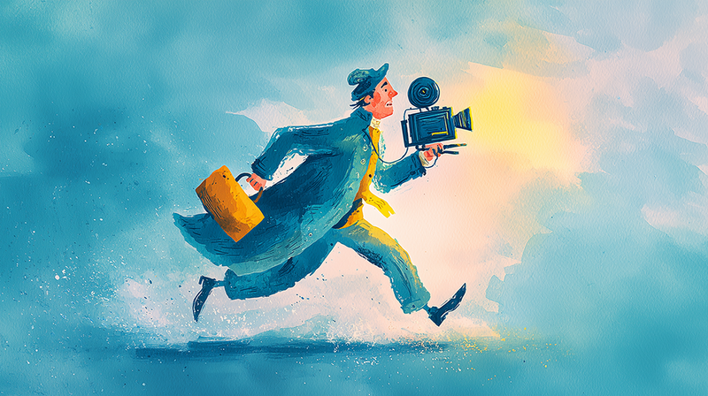 Illustration of a filmmaker in mid-leap holding a movie camera and equipment bag against a bright sky.