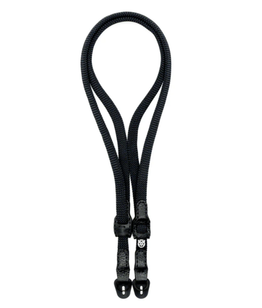 Black camera neck strap with dual attachment points and adjustable buckles.