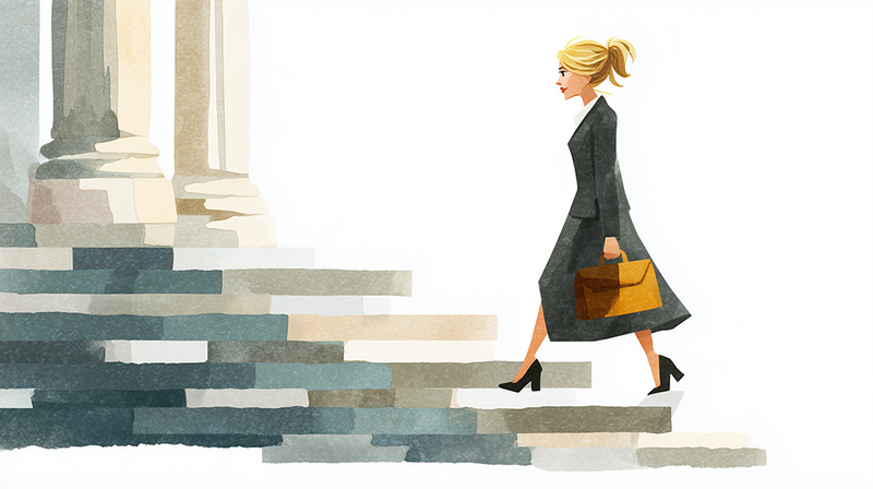 Illustration of a blonde woman in a dark coat and heels walking up geometric stone steps while carrying an orange and brown handbag.
