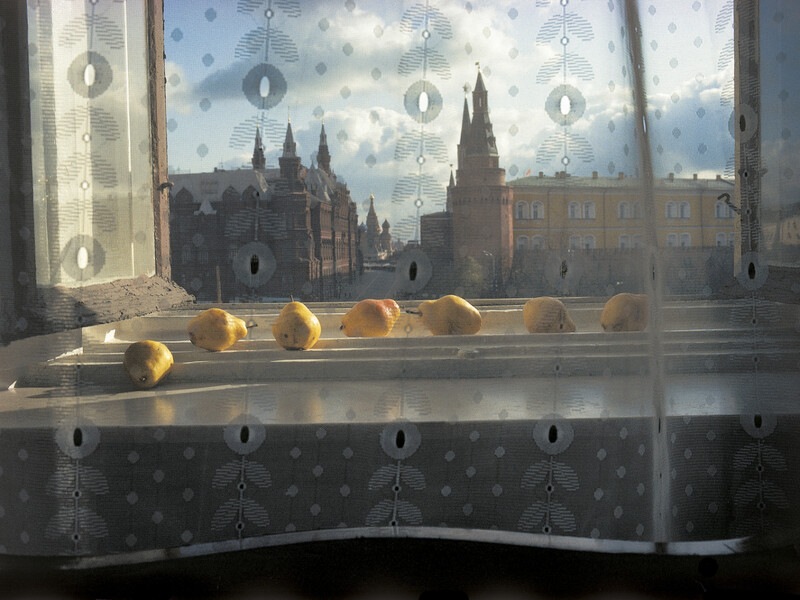 Golden fruits arranged on a windowsill with a frozen cityscape visible through frost-covered glass.