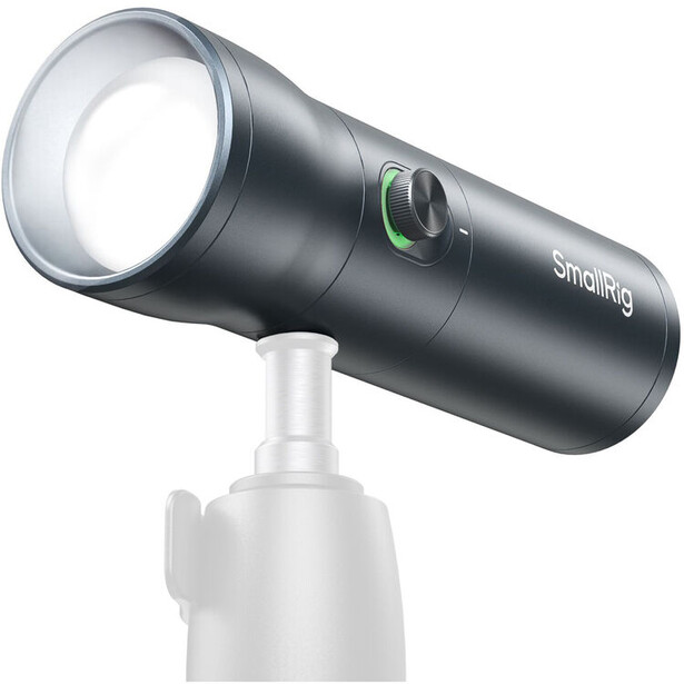 SmallRig spotlight with cylindrical black body mounted on white ball head.