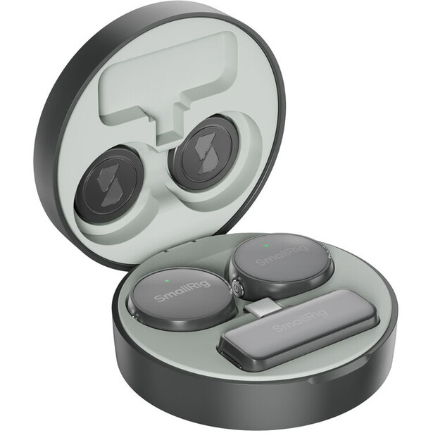 Illustration of wireless earbuds with charging case, shown open and closed.