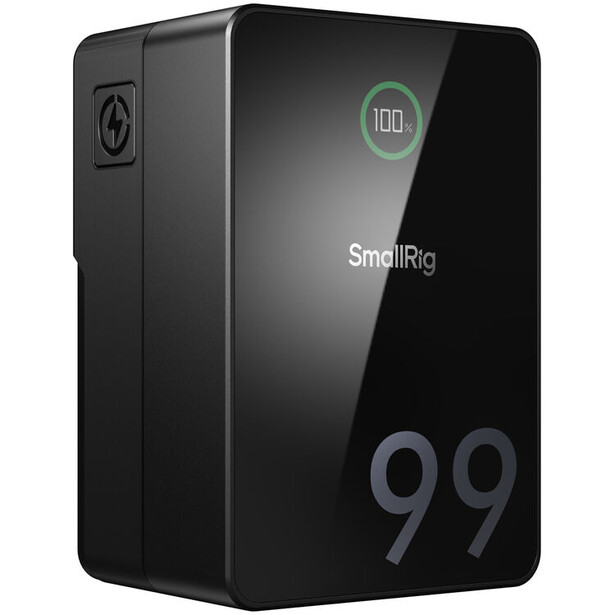SmallRig 99 portable power station with black chassis and illuminated display panel showing 100% charge.