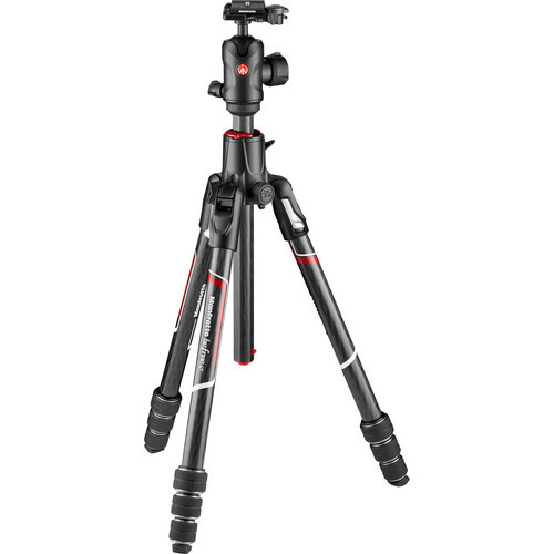 Professional tripod with three extended legs and ball head mount system.