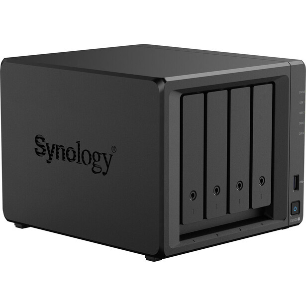 Synology DiskStation NAS with four drive bays and front panel controls on dark background.