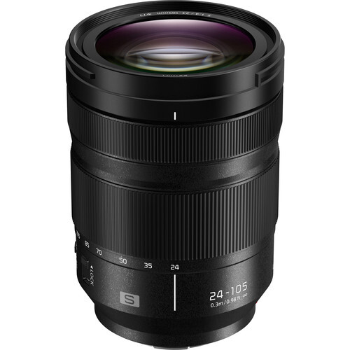 Panasonic Lumix S 24-105mm f/4 macro zoom lens with black barrel and focus ring against white background.