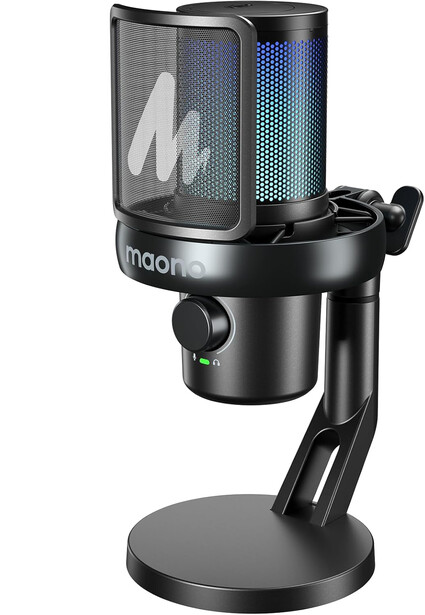 Desktop microphone with shock mount, pop filter, and round base on black stand.