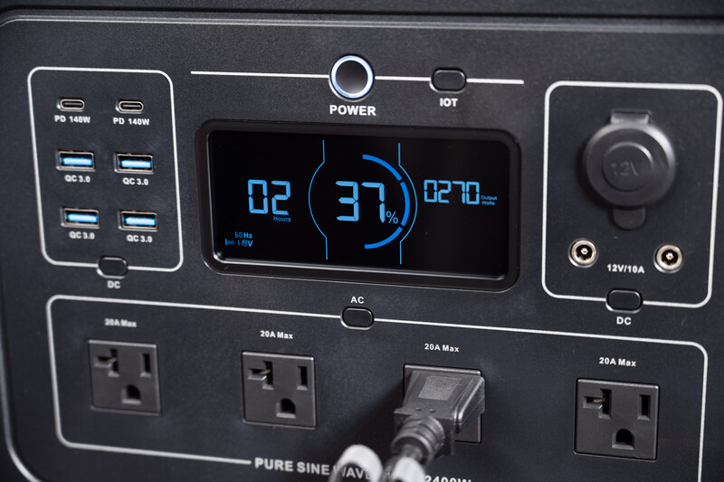 Portable power station control panel with digital display showing output wattage and battery percentage.