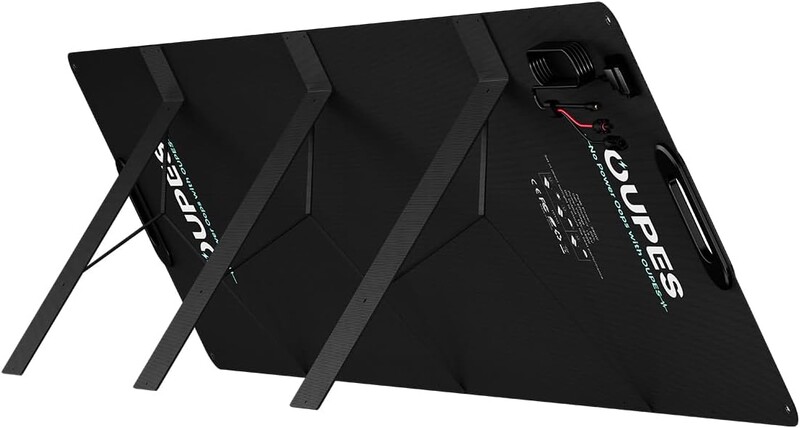 Portable solar panel array with multiple black panels and adjustable stand legs displayed at an angle.