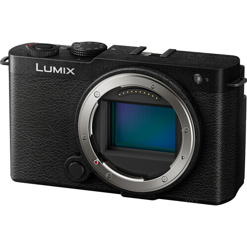 Panasonic Lumix S9 mirrorless camera body, black with textured grip, shown from front-right angle with lens mount visible.