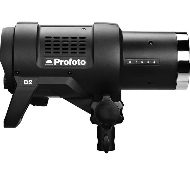 Profoto D2 monolight flash unit with handle and adjustment knob visible against white background.
