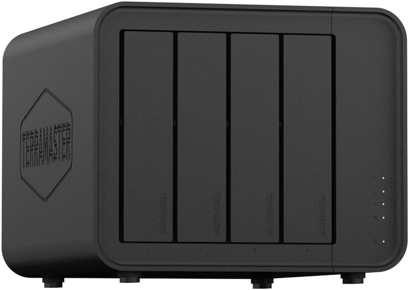 Black external hard drive with four vertical bay compartments and status indicator lights on the right side.