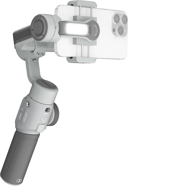 Three-axis smartphone gimbal stabilizer with mounted phone, shown against white background.