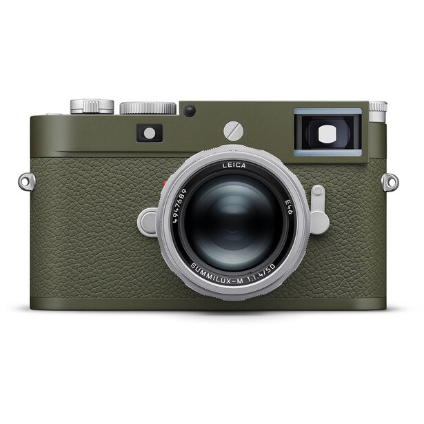 Leica M6 rangefinder camera with sage green body and silver chrome lens and viewfinder.