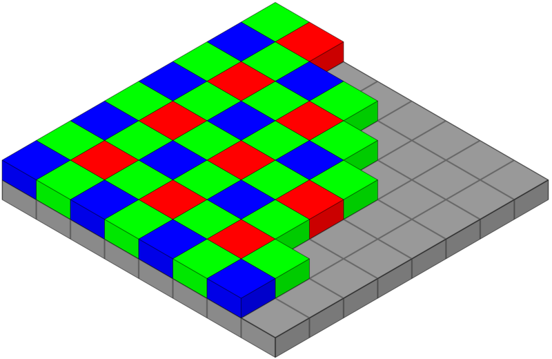 Illustration of an isometric checkerboard pattern with colored cubes in blue, red, and green on gray background.