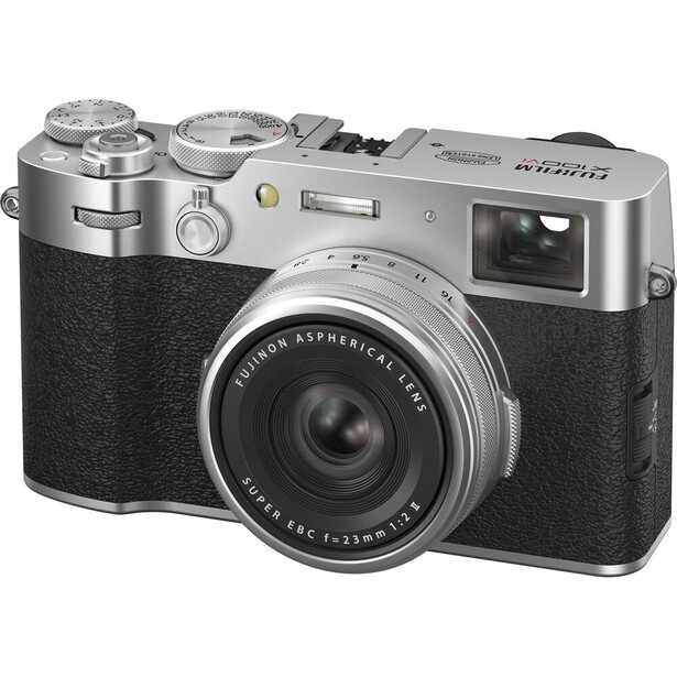 Fujifilm X100V rangefinder camera with silver top plate and black leather body.
