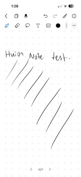 Screenshot of a note-taking app showing handwritten text "Human Note test." with diagonal pen strokes below.