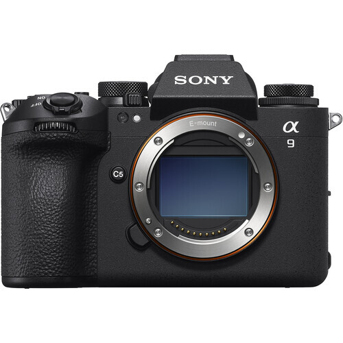 Sony α9 mirrorless camera body with exposed sensor and open mount, showing front three-quarter view.